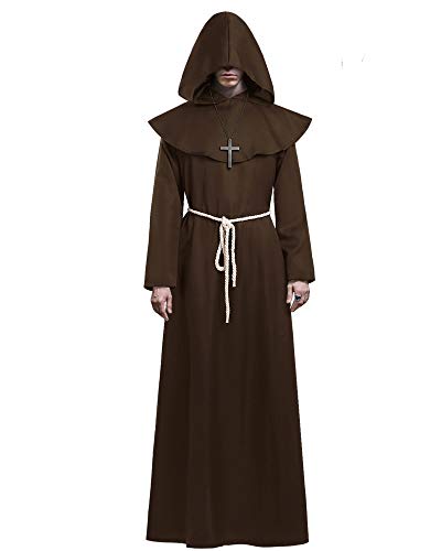 KONVINIT Mönch Kostüm Halloween Mönchskutte Pestdoktor Kostüm Herren Mönch Robe Männer Prister Gewand Kostüm Mittelalterliche Robe,ideal für Mottoparty, Halloween, Karneval und Fasching,braun S von KONVINIT