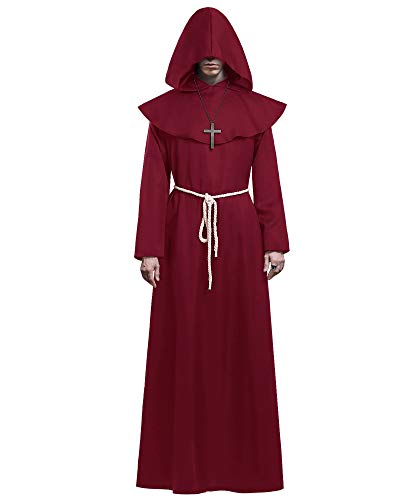 KONVINIT Mönch Robe Kostüm Männer Halloween Kostüm Herren Prister Gewand Kostüm Mittelalterliche Robe mit Kapuze,Priester Robe ideal für Mottoparty, Halloween, Karneval und Fasching,rot M von KONVINIT