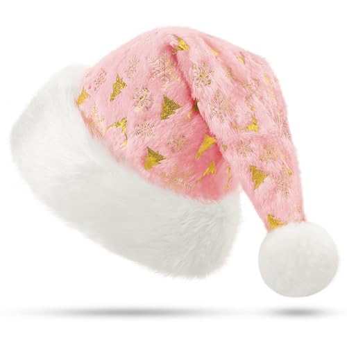 KONVINIT Rosa Weihnachtsmütze Erwachsene Luxus Weihnachtsmann Mütze Nikolausmütze mit mit Mustern von Weihnachtsbäumen, Schneeflocken Santa Mütze Männer und Frauen,rosa von KONVINIT