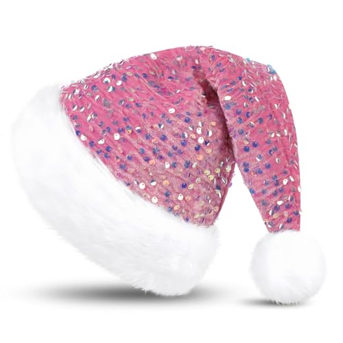 KONVINIT Rosa Weihnachtsmütze Erwachsene Nikolausmütze Weihnachtsmann Mütze Santa Claus Mütze mit Glitzer Pailletten und Plüsch Rand für Festliche Weihnachtsfeier Tannenbaum,rosa von KONVINIT