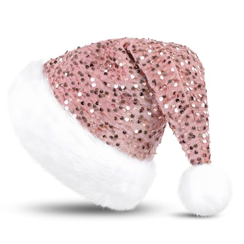 KONVINIT Rosa Weihnachtsmütze Erwachsene Nikolausmütze Weihnachtsmann Mütze Santa Claus Mütze mit Glitzer Pailletten und Plüsch Rand für Festliche Weihnachtsfeier Tannenbaum,rosa von KONVINIT