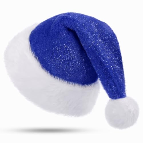 KONVINIT Weihnachtsmütze Glitzer Nikolausmütze Erwachsene Blau Weihnachtsmann Mütz Plüsch Rand Santa Clause Mütze für Herren und Damen,blau von KONVINIT