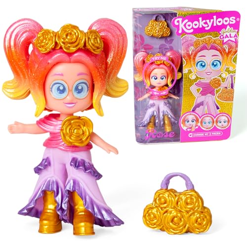 KOOKYLOOS Serie Golden Gala Rose, Sammelpuppe aus der Serie Golden Gala, enthält die Rose Puppe, 1 Tasche, Kleidung und Schuhe und 1 Zubehör, 1 Puppe, 3 Verschiedene Gesichter von KOOKYLOOS