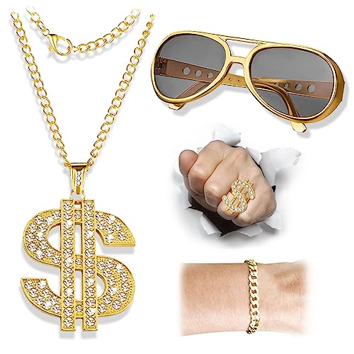 KOOKZ Hip Hop Kostüm 4er Set, Rapper Accessories Goldene Dollar Kette Brille Armband & Ring, Zuhälter Kostüm Ideale 80er 90er Jahre Party Outfit Herren/Damen, für Mottoparty Fasching Karneval von KOOKZ