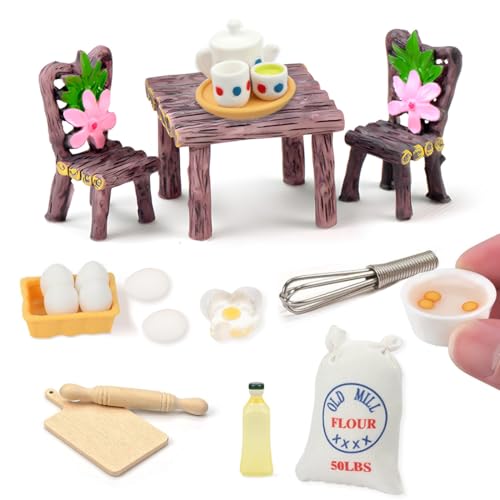 KOOKZ Miniatur Wichtel Zubehör Weihnachten, Puppenhaus Zubehör Küche Backen Set, Mini Möbel Puppenhaus, Miniatur Deko Tisch und Stühle, Teetassen-Set Ideal DIY Weihnachtswichtel Zubehör von KOOKZ