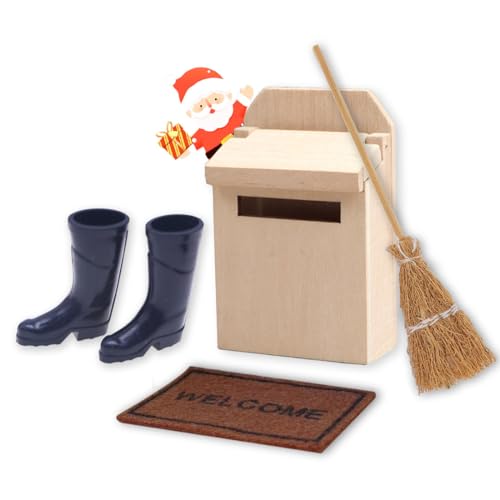 KOOKZ Miniatur Wichtel Zubehör Weihnachten Set, Mini Holz Briefkasten Teppichdecke Besen Miniatur Regenstiefel, Wichtelzubehör Miniatur Puppenhaus Zubehör Miniatur Möbel Deko von KOOKZ