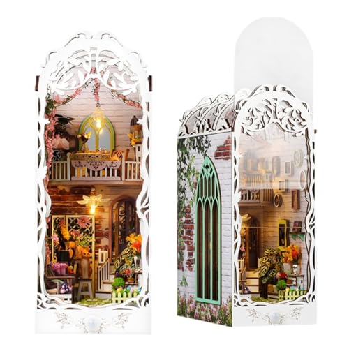 3D Book Nook Model Kit with Dust Cover & Sensor Light, DIY Mini Miniature Dollhouse Bookends Bookshelf Insert Decor, Book House Puzzle for Adults (Batteries & Glue Required) (Flower House) von KOOMAL