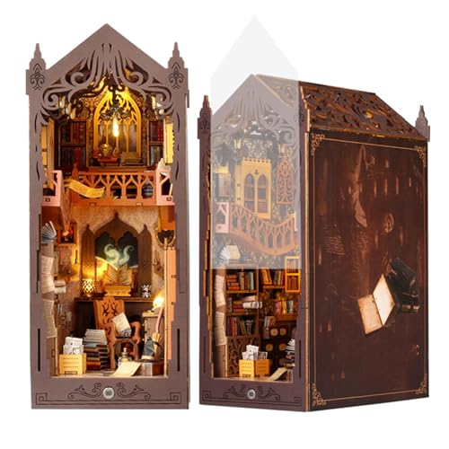 3D Book Nook Model Kit with Dust Cover & Sensor Light, DIY Mini Miniature Dollhouse Bookends Bookshelf Insert Decor, Book House Puzzle for Adults (Batteries & Glue Required) (Library) von KOOMAL