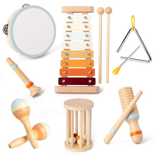 7PCS Musical Instruments for Toddlers, Wooden Toy Drum Xylophone Tambourine Percussion Set Preschool Educational Musical Toy Montessori Sensory Toys von KOOMAL