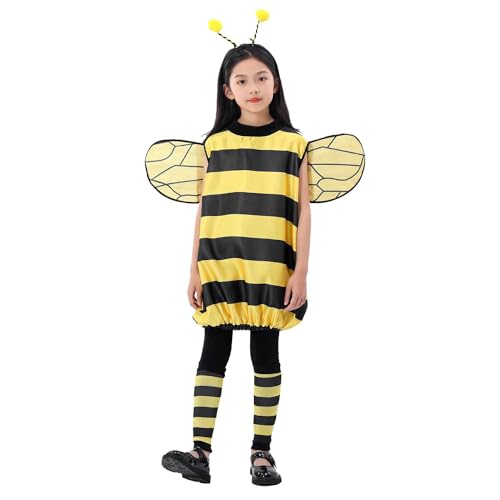 Bee Costume Set for Women Kids Cosplay Halloween Yellow Honey Bee Dress with Wings Headband Leg Sleeves Party Fancy Dress (Kid, 110) von KOOMAL