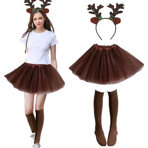 KOOMAL 3Pcs Reindeer Costume Adult Tutu Skirt Reindeer Headband Socks Deer Cosplay Costume Fancy Dress Outfits for Women Girls von KOOMAL