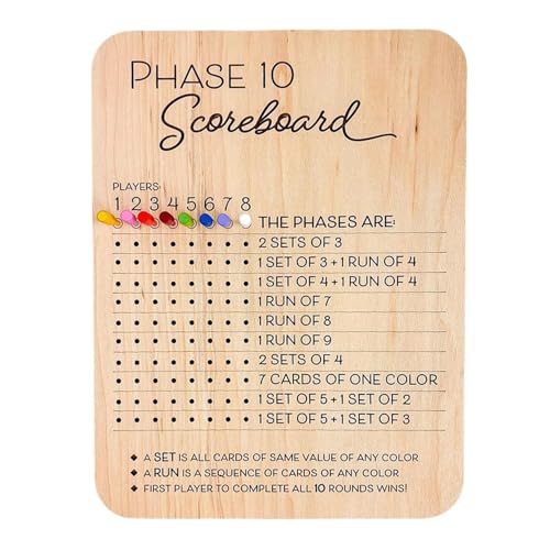 Phase 10 Score Board, Wooden Phase Ten Scorecard and Round Tracker Phase 10 Dice Cards Game Score Sheets Classic Family Adults Board Card Games Night Table Score Boards Accessories von KOOMAL