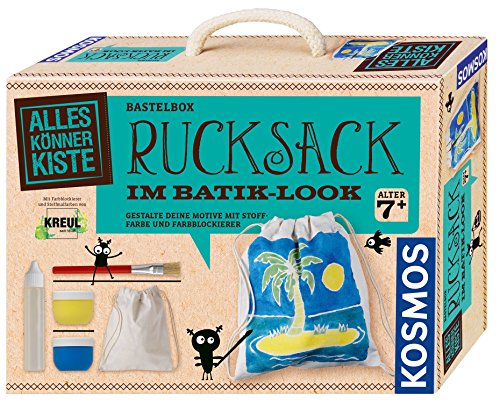 KOSMOS 604332 AllesKönnerKiste Rucksack im Batik-Look, DIY-Bastelset ab 7 Jahre, trendiger Leinenrucksack, Motive selbst gestalten, Jute-Beutel für Kinder selbst bemalen von KOSMOS Basteln