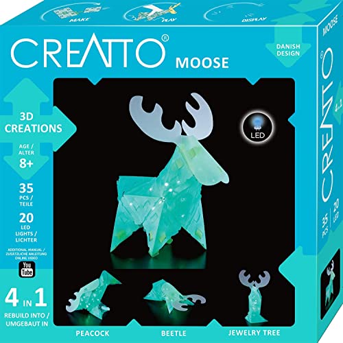 Thames & Kosmos 3478 CREATTO Elch 3D-Leuchtfiguren entwerfen, 3D-Puzzle für Elch, Pfau, Käfer, Schmuckbaum, kreative Zimmer-Deko, 36 Steckteile, 20-tlg LED-Lichterkette von Thames & Kosmos