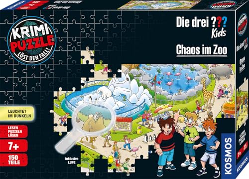 Die drei ??? KOSMOS 697990 Krimi Puzzle, Kids Chaos im Zoo, 150 Teile, Leuchtet im Dunkeln, Lesen, Puzzeln, Rätsel lösen, Kinder ab 7 Jahre, Detektiv Puzzle, Zoo Puzzle mit Die drei Fragezeichen Kids von Die drei