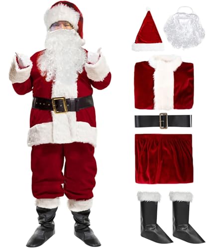 KOMUSMO Weihnachtsmann-Kostüm für Herren, Deluxe-Samt-Plüsch-Weihnachtsmann-Anzug, Erwachsenen-Weihnachtsmann-Outfit, Cosplay, 6-teilig von KOSMUSMO