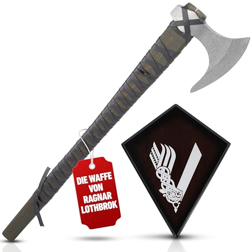 Wikinger Axt - Ragnar Lothbroks Kriegsaxt - Kampfaxt Vikinger - Streitaxt Metall - 63 cm Deko Wikinger Kampfaxt mit Schild aus Holz von KOSxBO