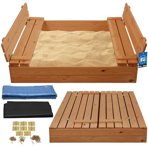 KOTARBAU® Sandkasten mit Abdeckung Sandkasten Holz 120x120 cm imprägniert mit Sitzbänken Braun Holzsandkasten Sandbox mit Deckel Sandkasten mit Deckel Holz Sandkiste mit Abdeckungen von KOTARBAU