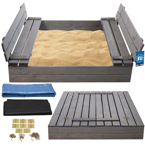 KOTARBAU® Sandkasten mit Abdeckung Sandkasten Holz 120x120 cm imprägniert mit Sitzbänken Grau Holzsandkasten Sandbox mit Deckel Sandkasten mit Deckel Holz Sandkiste mit Abdeckungen von KOTARBAU