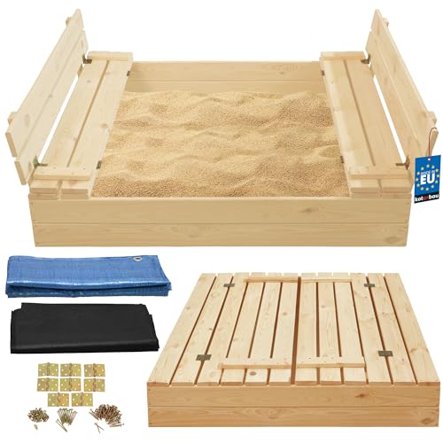 KOTARBAU® Sandkasten mit Abdeckung Sandkasten Holz 120x120 cm imprägniert mit Sitzbänken Naturholz Holzsandkasten Sandbox mit Deckel Sandkasten mit Deckel Holz Sandkiste mit Abdeckungen von KOTARBAU