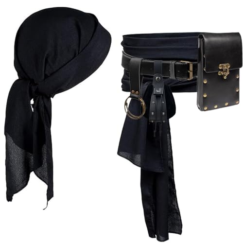 Piratenkostüm, Piraten-Kopftuch, Bandanas, Gürtel, Taillenschärpe, Mittelalter-Gürteltasche, Münzbörse, Lederhaken, lässiges Festival-Set, Schwarz 02-2 Beutel, Standard Piratenkostüm, Piraten-Kopftuch, Bandanas, Gürtel, Taillenschärpe, Mittelalter-Gürteltasche, Münzbörse, Lederhaken, lässiges Festival-Set, Schwarz 02-2 Beutel, Standard von KOTORA
