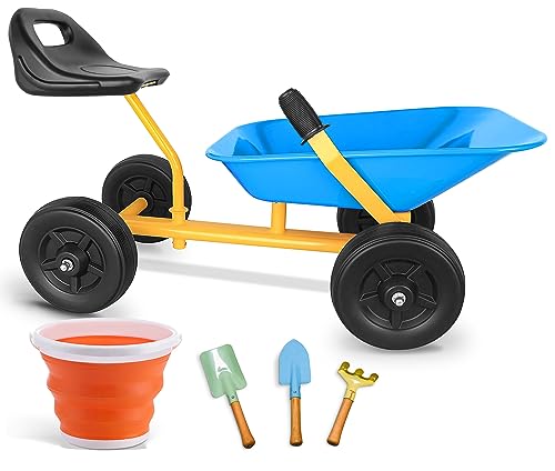 KOVOME Kinder Sand Dumper, 4-Räder Ride-on Schubkarre Spielzeug, Stahl Garten Sandkasten, Outdoor Strand Spielzeug, Alter 3+ Kinder Metall Spiel Werkzeug Set mit Schaufeln und Eimer von KOVOME