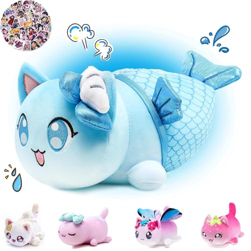 KOWSI 61 Stück 27,9 cm Meerjungfrau-Katzen-Plüsch + 60 Aufkleber, niedliche Kawaii-Katzen-Plüsch-Kollektion, 100 % Polyester, bestickt, weiches Stofftier-Sammelstück (Meerjungfrau-Katze) von KOWSI