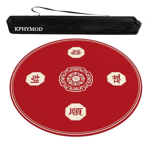 KPHYMOD Mahjong Spiel Matte Rote, Runde Mahjong-Matte Mit Tragetasche, Bedruckte Polyester-Tischdecke Im Chinesischen Stil, rutschfeste Und Geräuschreduzierende Spieltischdecke(Red-2,23.62x23.62 in) von KPHYMOD