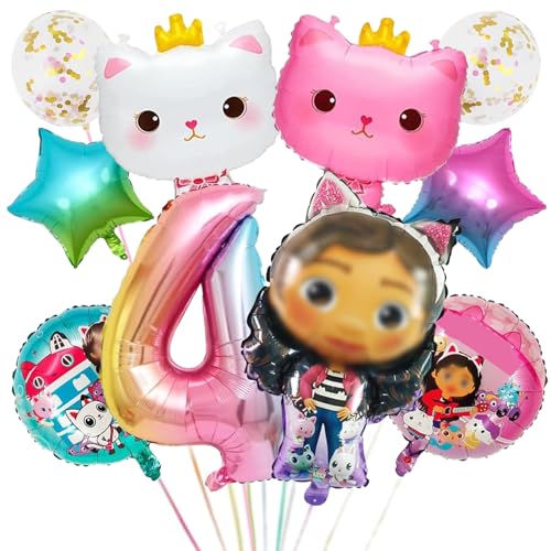 KPPZWNXX 10 Stück Gabys Dolhouse Luftballons Geburtstag Set 4 Jahre Mädchen, Gaby Geburtstagsdeko Folienballon, Kindergeburtstag, Geburtstag Party Deko Ballons Set für Kinder (4) von SYNYEY