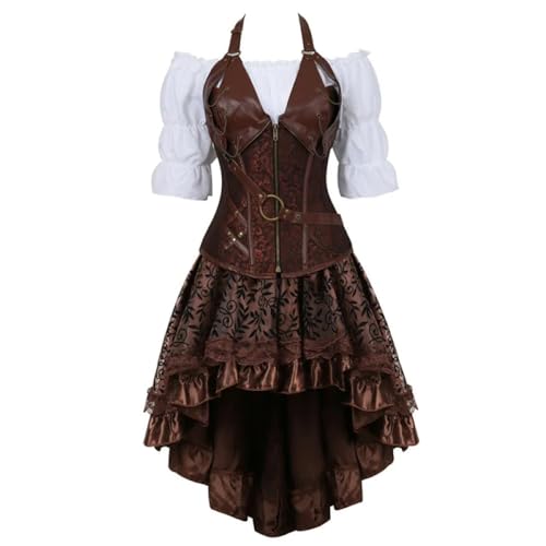 KQISANGM Modisches Steampunk-Korsett, Burlesque-Rock Mit Renaissance-Gotik-Lederkorsett, Bauchfreies Top, Piraten-Mädel-Kostüm, 2-Teilig, Cosplay-Halloween-Kostüm, Übergröße, Wie Abgebildet, 3Xl von KQISANGM