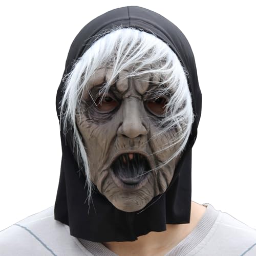 Halloween-Maske Hexenmaske für Erwachsene, gruselige Halloween-Horrormaske von alten Frauen mit Haar-Latexmaske für Halloween-Party-Kostüm-Dekorationen von KQLHLHDYZ