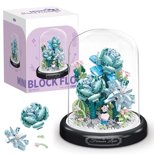 KQWVZ Blumen Bausteine Set, Rosa Nelken Bausteine Blumenstrauß, Klemmbausteine Blumen mit Staubdichter Kuppel und Sockel, Mikro Blumen Bausteine, Geschenk für Kinder Erwachsene(624 PCS) (Blaue) von KQWVZ