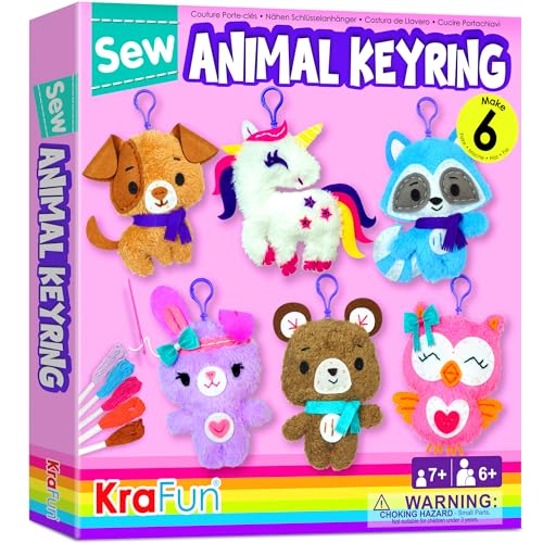 KRAFUN Einhorn-Näh-Schlüsselanhänger-Set für Kinder im Alter Lernen Kunst und Handwerk, inklusive 6 Stofftierbären, Hund, Kaninchen, Waschbär, Eulenpuppen, Anleitung und Filzmaterialien von KRAFUN