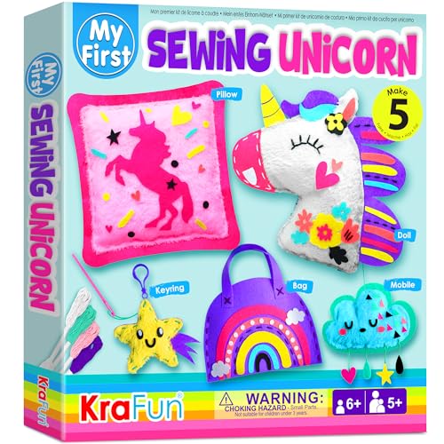 KRAFUN My First Sewing Unicorn Nähset für Kinder, Kunst- und Bastelarbeiten für Anfänger, 5 niedliche Projekte mit Plüschtier, Kissen, Mobile, Schlüsselring und Tasche, Anleitung und Filz von KRAFUN