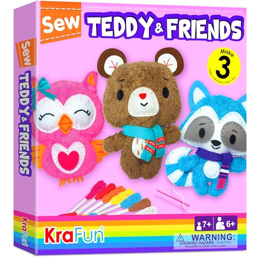 KRAFUN Nähset für Kinder, Anfänger, Kunst und Handwerk, enthält 3 Stofftier-Puppen, Anleitung und Plüschfilz-Materialien, Stickfähigkeiten, kinder nähset, nähset teddybär, bastelset kinder von KRAFUN