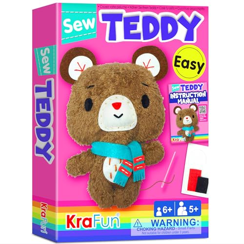 KRAFUN Teddybär-Tier-Nähset für Kinder, Anfänger, My First Art & Craft, enthält Teddypuppe, gefüllte Puppe, Anleitung und Plüschfilzmaterialien zum Nähen lernen, Sticken von KRAFUN