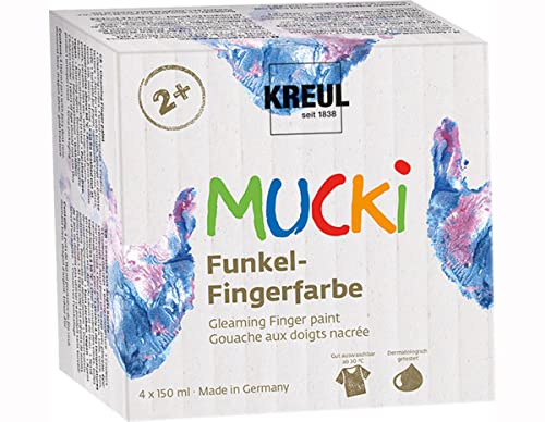 KREUL 2318 - Mucki schimmernde Funkel - Fingerfarbe, 4 x 150 ml in rosa, blau, silber und gold, parabenfrei, glutenfrei, laktosefrei und vegan, auswaschbar, vermalbar mit Pinsel, Schwamm und Fingern von Kreul