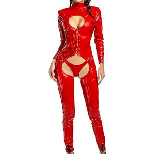 KRLZKID Damen Catsuit Overall aus Lackleder Cosplay Party Clubwear,Red-XL von KRLZKID