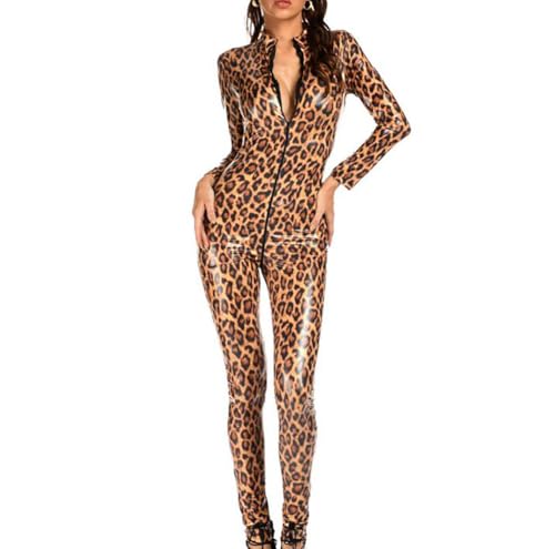 KRLZKID Damen Overall aus Lackleder Leopardenmuster Kunstleder Bodysuit,leopard-L von KRLZKID