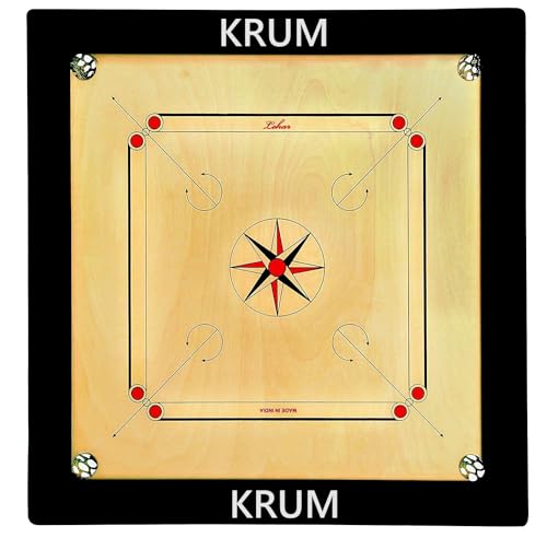 KRUM Premium Karrombrett mit weißer Platte, 6,3 cm Rand – inklusive Karrommünzen, Schläger und Puder, Karrom-Spiel für ultimatives Spielerlebnis von KRUM