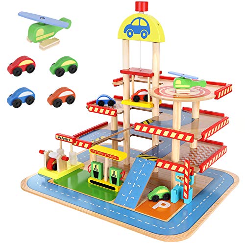 KRUZZEL Parkhaus für Kinder 3-Ebene Auto Garage aus Holz für Kinder über 3 Jahren - Set enthält 4 Autos, Hubschrauber - Parkgarage für Kinder Garage - Rollenspielzeug 22446 von KRUZZEL