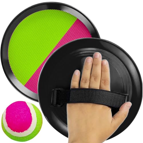 KRUZZEL Klettballspiel Set 2 Klett Ball Paddle und 1 Ball Verstellbare Handschlaufe Neonfarben Rosa-Grün 23549 von KRUZZEL