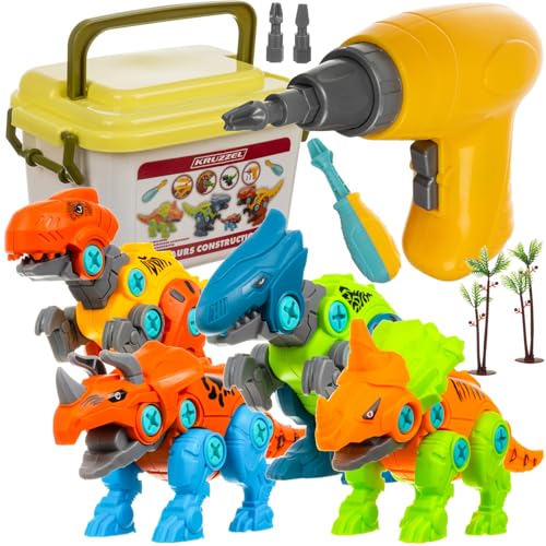 KRUZZEL Konstruktionsbausteine Dinosaurier Set DIY Ceratops Raptor Triceratops Tyrannosaurus Interaktiv Schraubendreher Batteriebetrieben 24723 von KRUZZEL