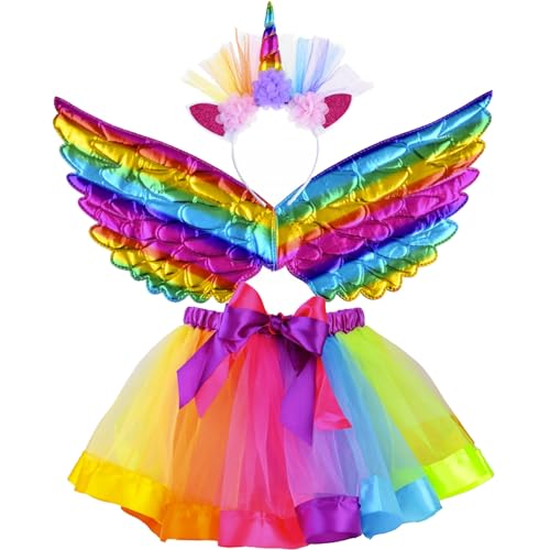 KRUZZEL Kostüm Einhorn Haarreif Flügel Tutu Rock Regenbogen Einheitsgröße Set 22962 von KRUZZEL