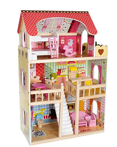 Puppenhaus Holz mit LED-Licht Puppenvilla Groß mit Puppenhausmöbel Dollhouse Geschenk für Mädchen ab 3 Jahren 11252, Muster:Ohne Pool von KRUZZEL