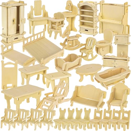 Puppenhaus Möbel Set Personalisierbar 34-teilig Küche Bad Wohnzimmer Schlafzimmer Kinderzimmer DIY 3D-Puzzle Bastelset Holz 23542 von KRUZZEL