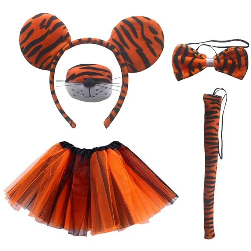 KRYMSON 1 Katzen-Tiger-Anzug, 1 Ballerina-Rock, 1 Stirnband, 1 Schleife, 1 Schwanz und Nase, Tigerkostüm für Kinder, Tierkostüm-Set für Halloween von KRYMSON