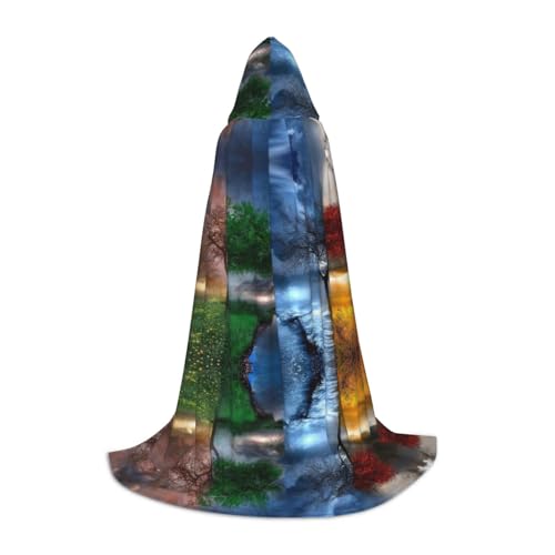 KSANNNS Four Seasons Tree Printed Youth Hooded Cape, Full Width Printed, Durable Polyester Spandex Blend von KSANNNS