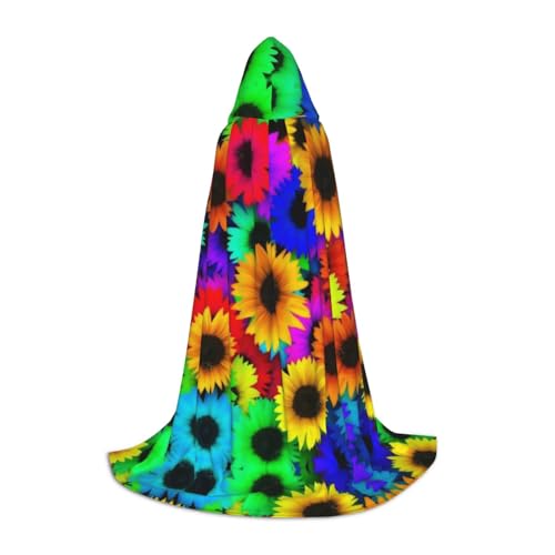 KSANNNS Kapuzenumhang mit Regenbogen-Sonnenblumen-Druck, volle Breite, strapazierfähiges Polyester-Spandex-Mischgewebe von KSANNNS