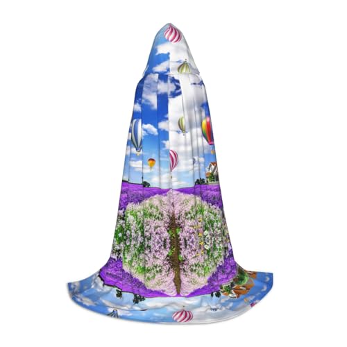 KSANNNS Lavendel-Heißluftballon-bedruckter Jugend-Kapuzenumhang, volle Breite, bedruckt, strapazierfähiges Polyester-Spandex-Mischgewebe von KSANNNS